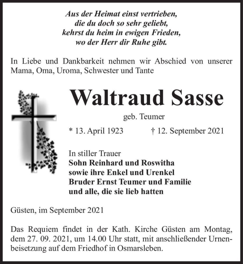 Traueranzeige für Waltraud Sasse (geb. Teumer)  vom 25.09.2021 aus Magdeburger Volksstimme