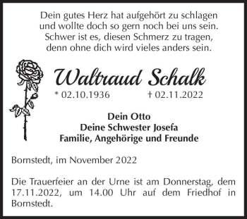 Traueranzeige von Waltraud Schalk  von Magdeburger Volksstimme