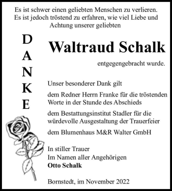 Traueranzeige von Waltraud Schalk  von Magdeburger Volksstimme