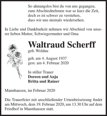 Traueranzeige von Waltraud Scherff (geb. Woldau)  von Magdeburger Volksstimme