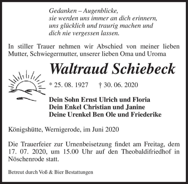  Traueranzeige für Waltraud Schiebeck  vom 04.07.2020 aus Magdeburger Volksstimme