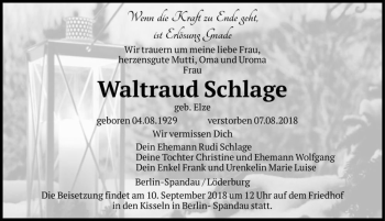 Traueranzeige von Waltraud Schlage (geb. Elze)  von Magdeburger Volksstimme