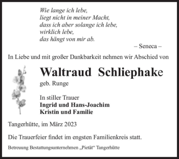 Traueranzeige von Waltraud Schliephake (geb. Runge)  von Magdeburger Volksstimme