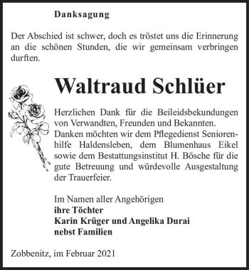 Traueranzeige von Waltraud Schlüer  von Magdeburger Volksstimme