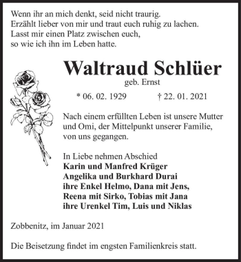 Traueranzeige von Waltraud Schlüer (geb. Ernst)  von Magdeburger Volksstimme