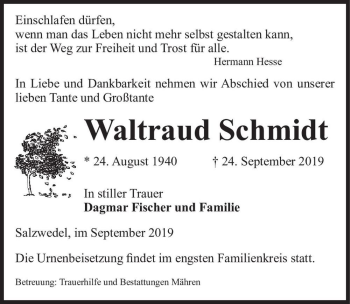 Traueranzeige von Waltraud Schmidt  von Magdeburger Volksstimme