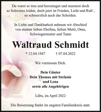 Traueranzeige von Waltraud Schmidt  von Magdeburger Volksstimme