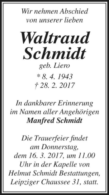 Traueranzeige von Waltraud Schmidt (geb. Liero)  von Magdeburger Volksstimme