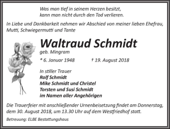 Traueranzeige von Waltraud Schmidt (geb. Mingram)  von Magdeburger Volksstimme