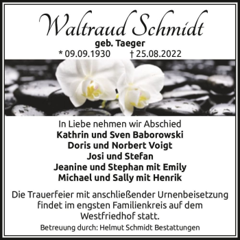 Traueranzeige von Waltraud Schmidt (geb. Taeger)  von Magdeburger Volksstimme