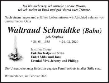 Traueranzeige von Waltraud Schmidtke (Babu) (geb. Stephan)  von Magdeburger Volksstimme