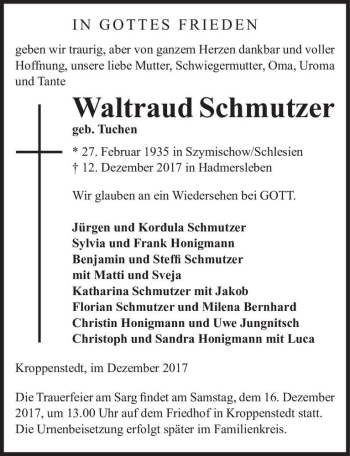 Traueranzeige von Waltraud Schmutzer (geb. Tuchen)  von Magdeburger Volksstimme