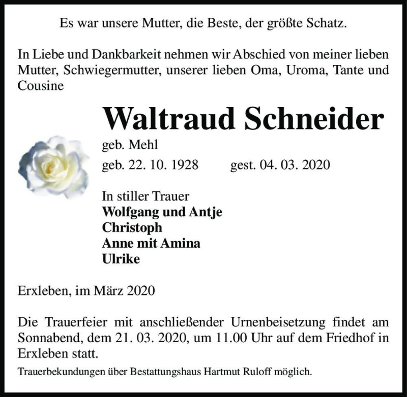  Traueranzeige für Waltraud Schneider (geb. Mehl)  vom 14.03.2020 aus Magdeburger Volksstimme