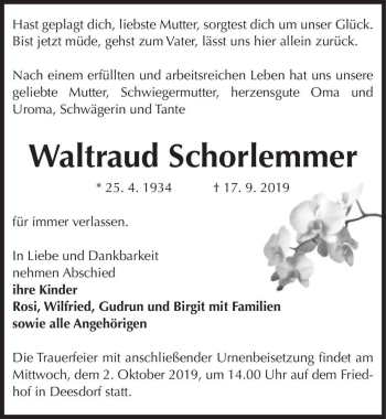 Traueranzeige von Waltraud Schorlemmer  von Magdeburger Volksstimme