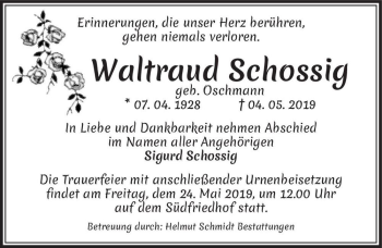 Traueranzeige von Waltraud Schossig (geb. Oschmann)  von Magdeburger Volksstimme