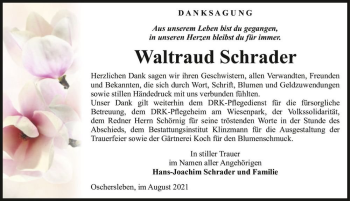 Traueranzeige von Waltraud Schrader  von Magdeburger Volksstimme