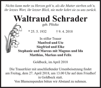 Traueranzeige von Waltraud Schrader (geb. Pfitzke)  von Magdeburger Volksstimme
