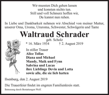 Traueranzeige von Waltraud Schrader (geb. Scholz)  von Magdeburger Volksstimme