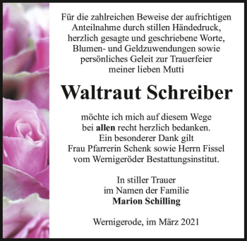 Traueranzeige von Waltraud Schreiber  von Magdeburger Volksstimme