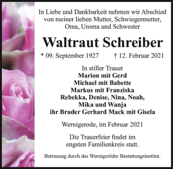 Traueranzeige von Waltraud Schreiber  von Magdeburger Volksstimme