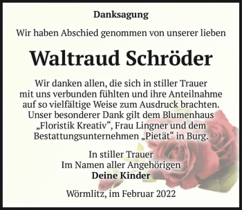 Traueranzeige von Waltraud Schröder  von Magdeburger Volksstimme