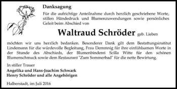 Traueranzeige von Waltraud Schröder (geb. Lieben)  von Magdeburger Volksstimme