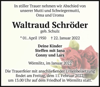 Traueranzeige von Waltraud Schröder (geb. Schulz)  von Magdeburger Volksstimme