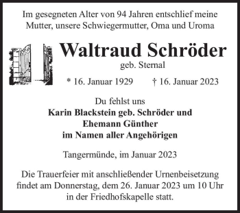 Traueranzeige von Waltraud Schröder (geb. Sternal)  von Magdeburger Volksstimme