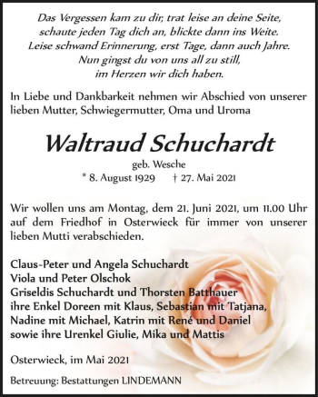 Traueranzeige von Waltraud Schuchardt (geb. Wesche)  von Magdeburger Volksstimme