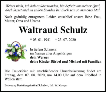 Traueranzeige von Waltraud Schulz  von Magdeburger Volksstimme
