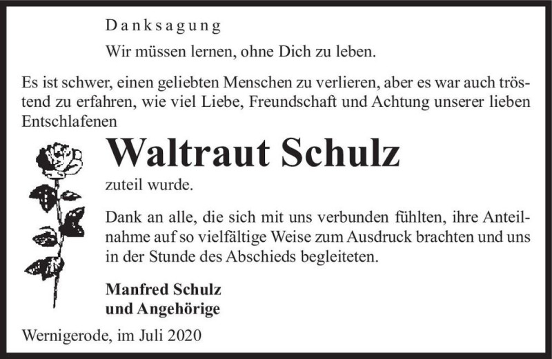  Traueranzeige für Waltraud Schulz  vom 11.07.2020 aus Magdeburger Volksstimme