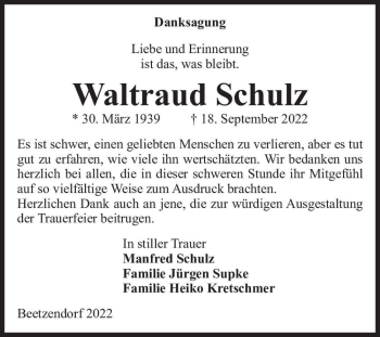 Traueranzeige von Waltraud Schulz  von Magdeburger Volksstimme