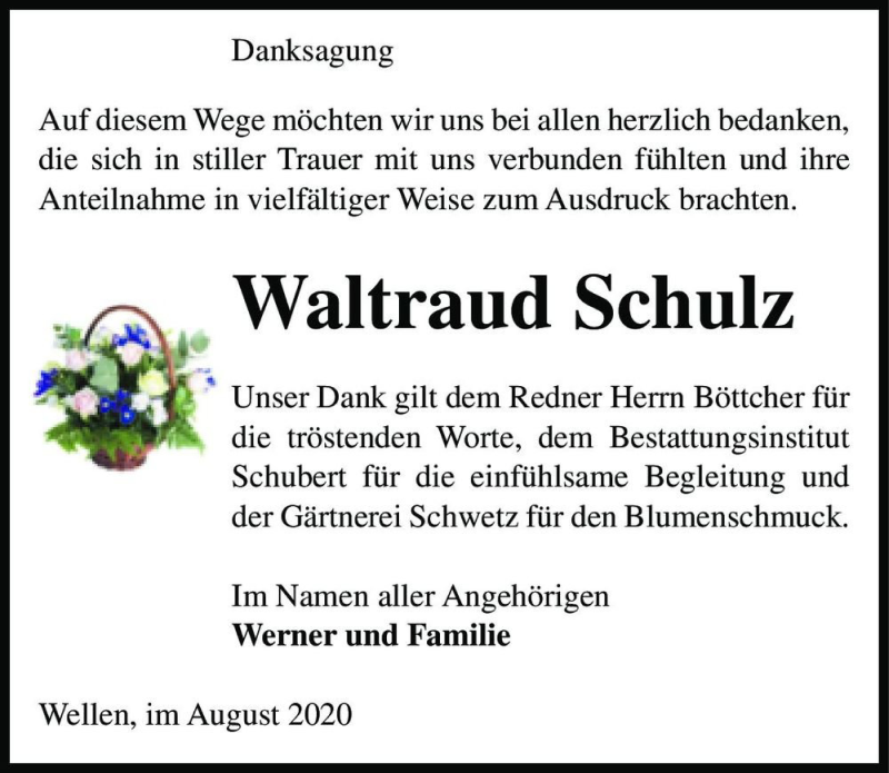  Traueranzeige für Waltraud Schulz  vom 15.08.2020 aus Magdeburger Volksstimme