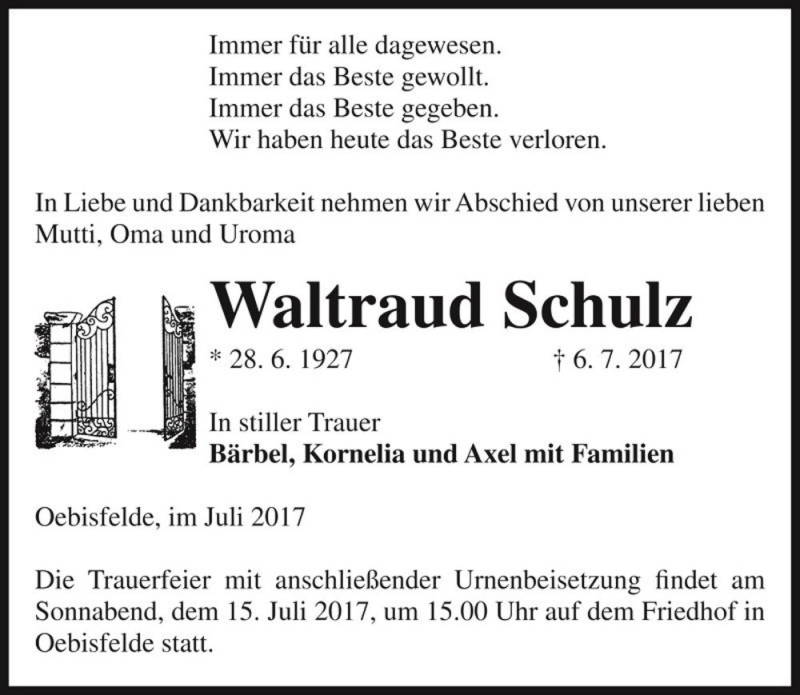  Traueranzeige für Waltraud Schulz  vom 08.07.2017 aus Magdeburger Volksstimme