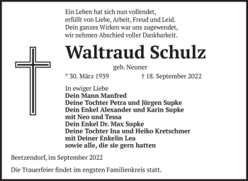 Traueranzeige von Waltraud Schulz (geb. Neuner)  von Magdeburger Volksstimme