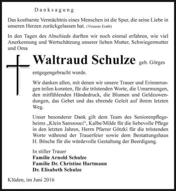 Traueranzeige von Waltraud Schulze (geb. Görges)  von Magdeburger Volksstimme