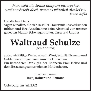Traueranzeige von Waltraud Schulze (geb. Kontzog)  von Magdeburger Volksstimme