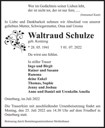 Traueranzeige von Waltraud Schulze (geb. Kontzog)  von Magdeburger Volksstimme