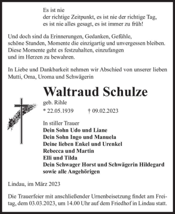 Traueranzeige von Waltraud Schulze (geb. Rihle)  von Magdeburger Volksstimme