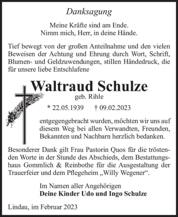Traueranzeige von Waltraud Schulze (geb. Rihle)  von Magdeburger Volksstimme
