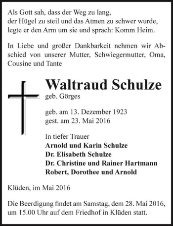 Traueranzeige von Waltraud Schulze geb. Görges  von Magdeburger Volksstimme