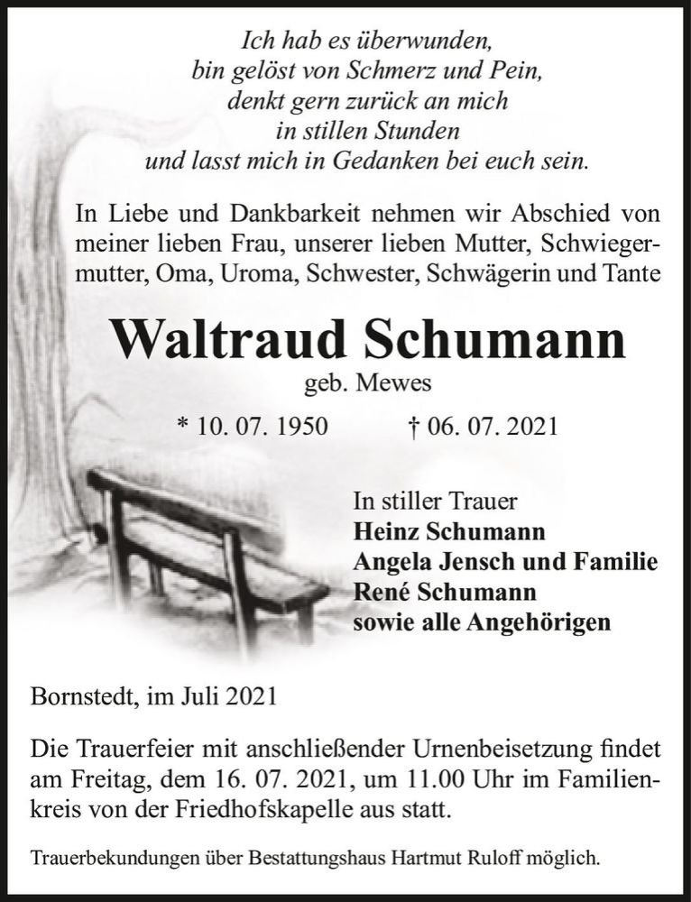  Traueranzeige für Waltraud Schumann (geb. Mewes)  vom 10.07.2021 aus Magdeburger Volksstimme