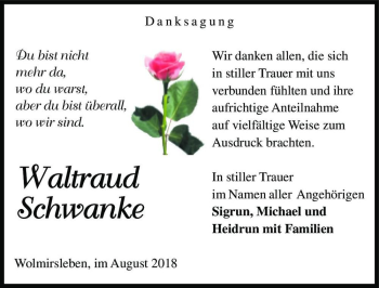 Traueranzeige von Waltraud Schwanke  von Magdeburger Volksstimme