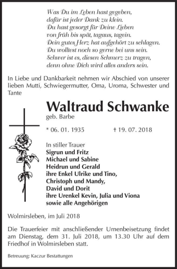 Traueranzeige von Waltraud Schwanke (geb. Barbe)  von Magdeburger Volksstimme