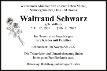 Traueranzeige von Waltraud Schwarz (geb. Vollmer)  von Magdeburger Volksstimme