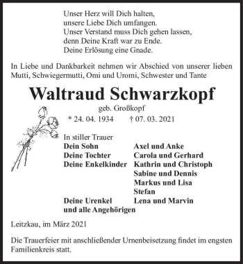 Traueranzeige von Waltraud Schwarzkopf (geb. Großkopf)  von Magdeburger Volksstimme