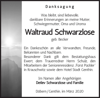 Traueranzeige von Waltraud Schwarzlose (geb. Becker)  von Magdeburger Volksstimme