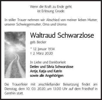 Traueranzeige von Waltraud Schwarzlose (geb. Becker)  von Magdeburger Volksstimme
