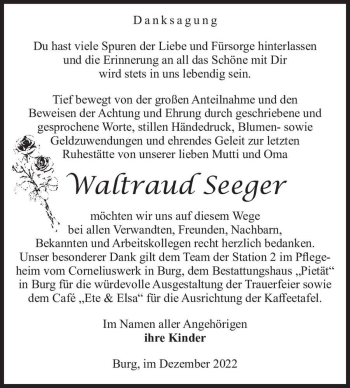 Traueranzeige von Waltraud Seeger  von Magdeburger Volksstimme