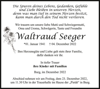 Traueranzeige von Waltraud Seeger  von Magdeburger Volksstimme